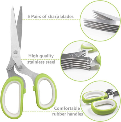 5 Blade Herb Scissors Kitchen Herb Shears Cutter Multipurpose Cutting Shear with 5 Stainless Steel Blades & Safety Cover & Cleaning Comb Salad Sizzors Cilantro Chive Parsley Onion Scissors (Black Red)