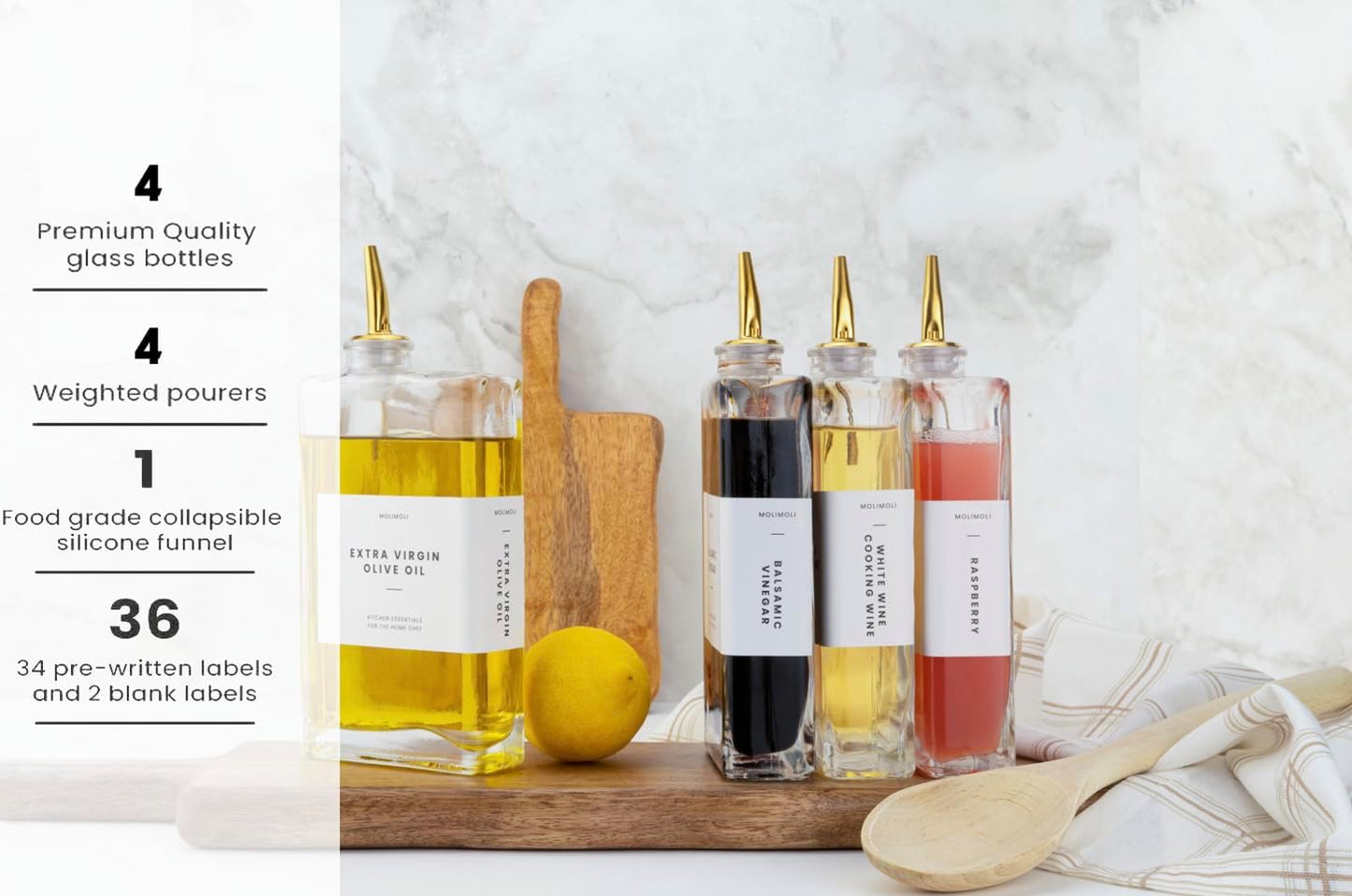 Molimoli Olive Oil Dispenser Bottle for Kitchen, Automatic Pourer, Glass Thin Bottle Dispenser for Kitchen, Olive Oil Cruet, | Set of 2 - Gold