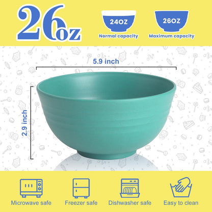 Wheat Straw Bowls Set with Lids, Unbreakable 40 OZ Cereal Bowls Set of 4, Salad Container for Lunch, Microwave & Dishwasher Safe Bowl Set for Kitchen, Picnic, RV, Camping, Multi