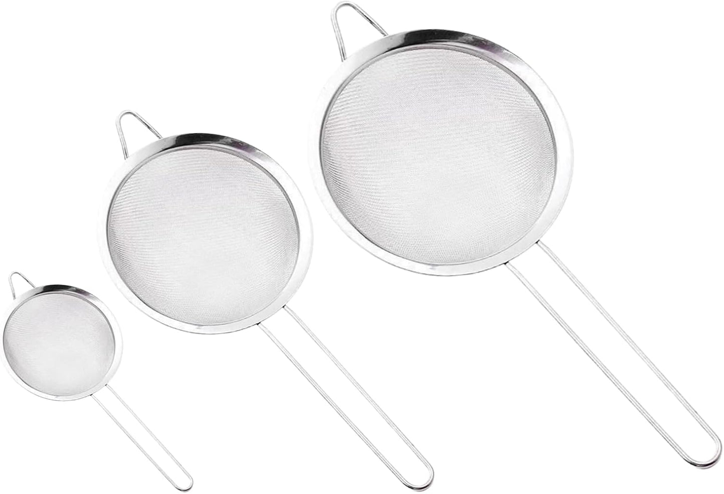 3Pcs Stainless Steel Fine Mesh Strainer Set (Small/Medium/Large) – Metal Sieve Sifter with Handle, Ideal for Rice/Juice/Quinoa/Flour, Kitchen Baking & Straining Tools