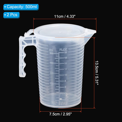 PATIKIL Graduated Beaker, 2 Pack 100ml PP Plastic Liquid Measuring Cup Double Sided Black Graduations with Handle Lid and Spout for Lab Kitchen Home