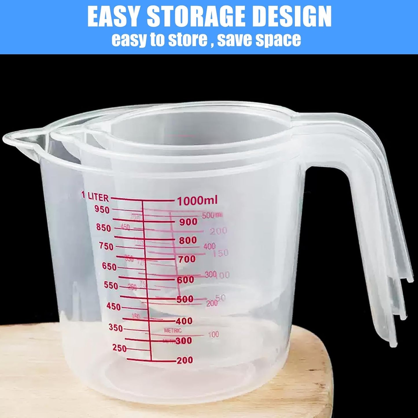 DTDNZKN 3 Pack Measuring Cup Set, Includes 250Ml (1-Cup), 500Ml (2-Cup) and 1000Ml (4-Cup) Plastic Liquid Measuring Cups- Baking, Cooking, Mixing & Measuring Cups, Essential Kitchen Tools