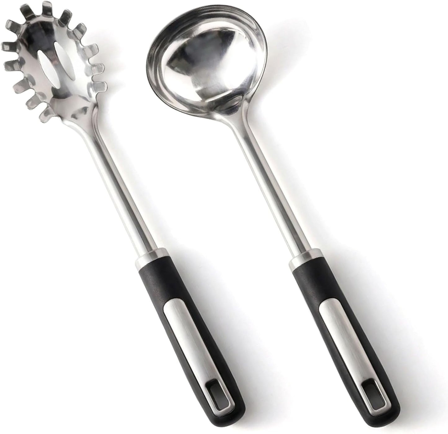 Stainless Steel Ladle and Pasta Server Set, Food-Grade Thickened Metal Soup Ladle & Spaghetti Spoon with Non-Slip Handles, Durable Cooking Utensils for Pasta, Soup & Everyday Kitchen Use