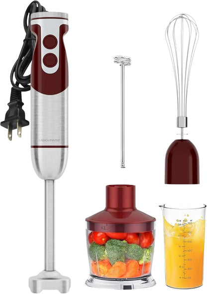 Megawise High-Power Hand Blender – 400W Max Power with Versatile 3-in-1 Attachments (Blending Shaft, Whisk, Chopper); Ergonomic Design with Adjustable Speed Control; Easy to Clean and Maintain (Black)