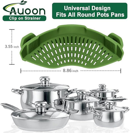 Clip On Strainer Silicone Pots and Pans, Pasta Strainer Clip on Food Strainer for Meat Vegetables Fruit Silicone Kitchen Colander, Green