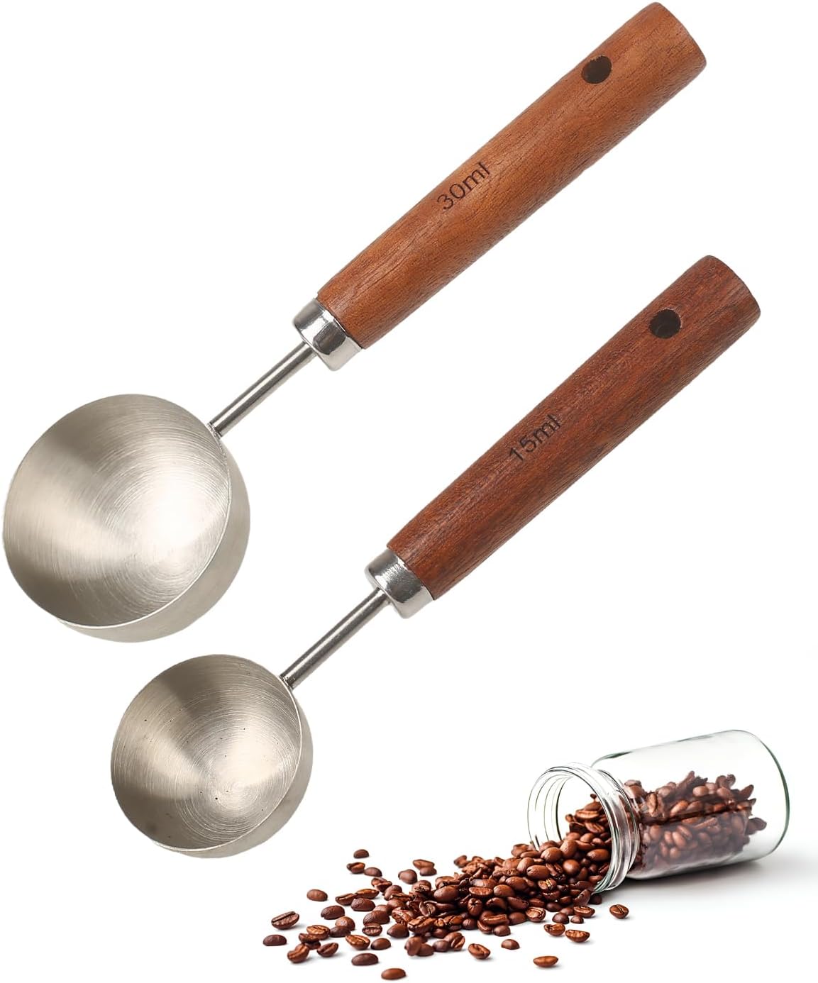 Coffee Scoop Set, 2 PCS 304 Stainless Steel Wood Handle Coffee Measuring Spoons, 15ml & 30ml for Ground Espresso Beans, Long Wooden Handle Scoop Kitchen Utensil for Scooping
