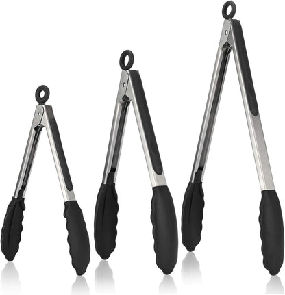 600ºF Heat Resistant Kitchen Tongs: U-Taste 7/9/12 inch Silicone Cooking Tong Set with Non Stick Rubber Tips and Silicon Coated 18/8 Stainless Steel Handle for Serving Grilling Salad(Midnight Blue)