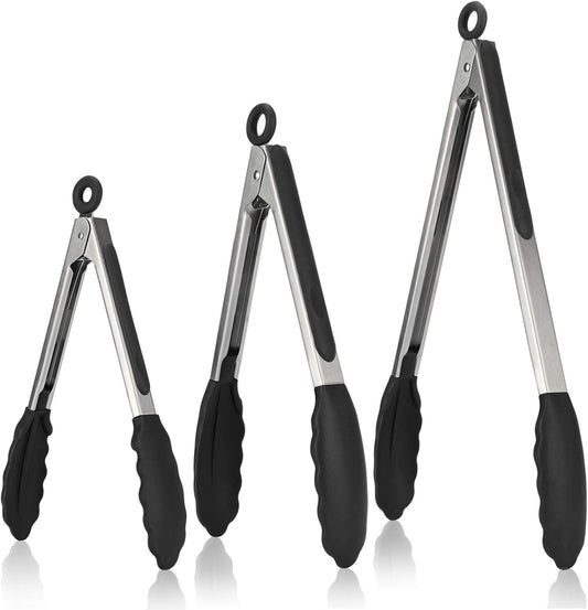 600ºF Heat Resistant Kitchen Tongs: U-Taste 7/9/12 inch Silicone Cooking Tong Set with Non Stick Rubber Tips and Silicon Coated 18/8 Stainless Steel Handle for Serving Grilling Salad(Midnight Blue)