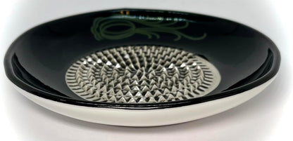 BonCera, All-in-one Premium Ceramic Garlic Grater Plate 4-Piece Set - Black Garlic Design - for Garlic, Ginger, Chocolate, and More! - Comes with 5.25" Plate, Peeler, Brush, and Stand