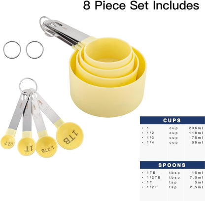 Easy to Read Measuring Cups & Spoons Set for Visually Impaired, Stackable Cups and Spoons, Nesting Measure Cups with Stainless Steel Handle (Yellow)