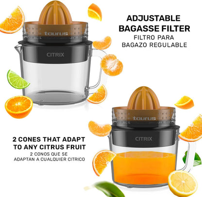 Citrus Juicer with 2 Interchangeable Cones, Premium Glass Container, Easy-to-Clean, Compact Design, Perfect for Limes, Oranges, and Lemons - Durable, Hygienic, and Versatile for Everyday Use