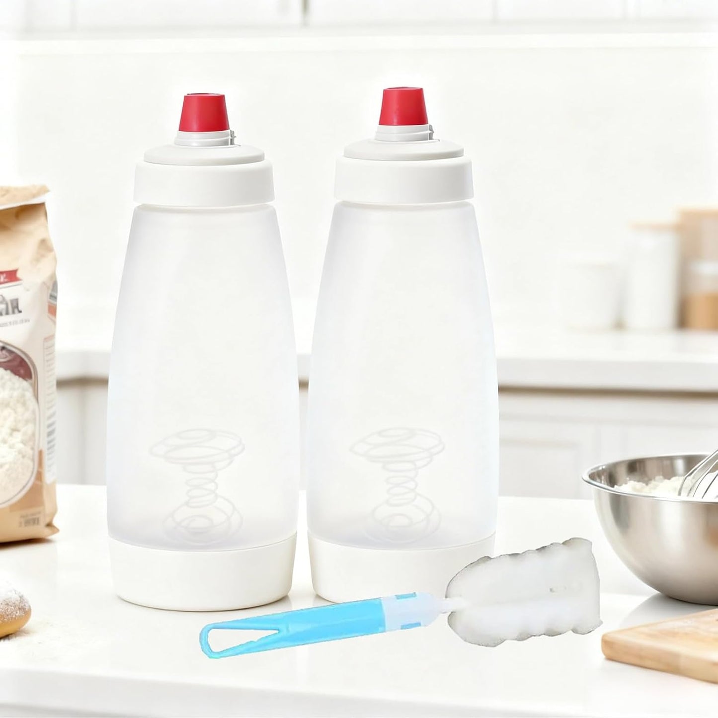 Pancake Batter Dispenser with Whisk Ball & Stand, 2-in-1 Pancake Mix Dispenser and Squeeze Bottle for Even Mixing and Precise Pouring, Essential Baking Tool for Pancakes, Crepes, Waffles (2PCS。)