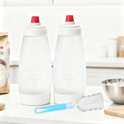 Pancake Batter Dispenser with Whisk Ball & Stand, 2-in-1 Pancake Mix Dispenser and Squeeze Bottle for Even Mixing and Precise Pouring, Essential Baking Tool for Pancakes, Crepes, Waffles (2PCS。)