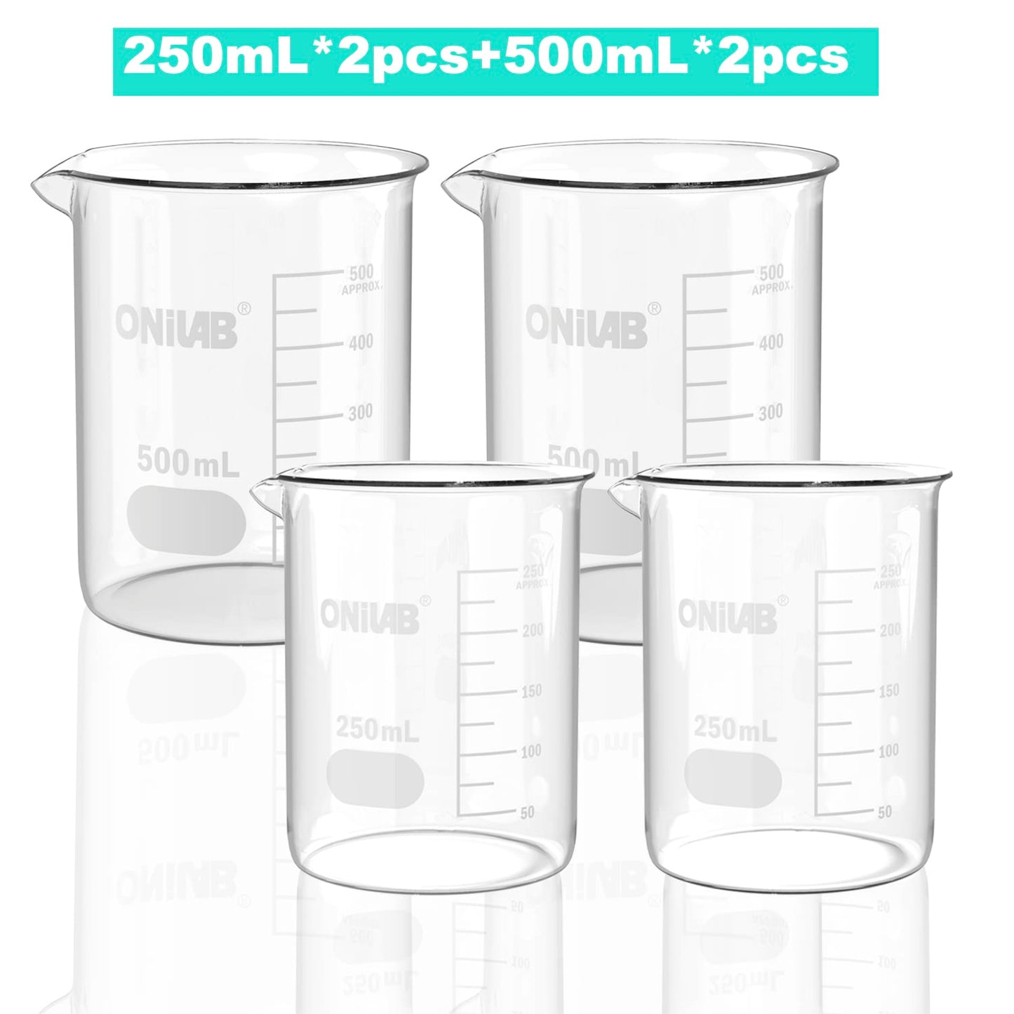 ONiLAB Glass Measuring Beaker Set 50ml 100ml 250ml 500ml 1000ml(Pack of 5) 3.3 Boro Griffin Low Form with Printed Graduation Scientific Glassware for Laboratories, Classrooms or Home Use