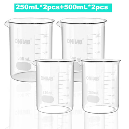 ONiLAB Glass Measuring Beaker Set 50ml 100ml 250ml 500ml 1000ml(Pack of 5) 3.3 Boro Griffin Low Form with Printed Graduation Scientific Glassware for Laboratories, Classrooms or Home Use