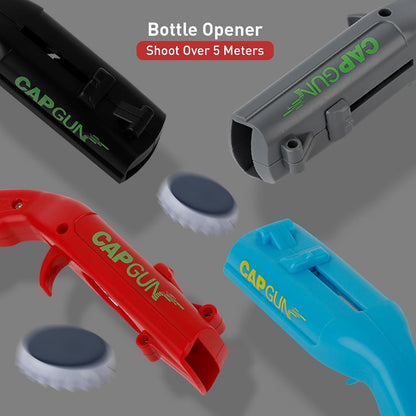 bottle cap shooting gun - Fun bottle opener tool launches bottle caps for parties, barbecues, and bar games (color)