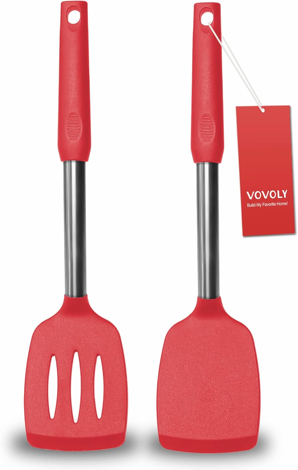 2 Pack Spatulas, Solid & Slotted Silicone Spatula Set, Stainless Steel Handle Coated with Silicone, Non Stick Turners, Heat Resistant Rubber Spatulas for Fish, Eggs, Pancakes, WOK, Black
