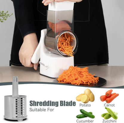 Safe Vegetable Mandoline Slicer Large Multifunctional Rotary Cheese Grater Hand Crank Easy Rotating Veggie Shredder Anti-Cutting, 3 Interchangeable Blades (WhiteGrey)