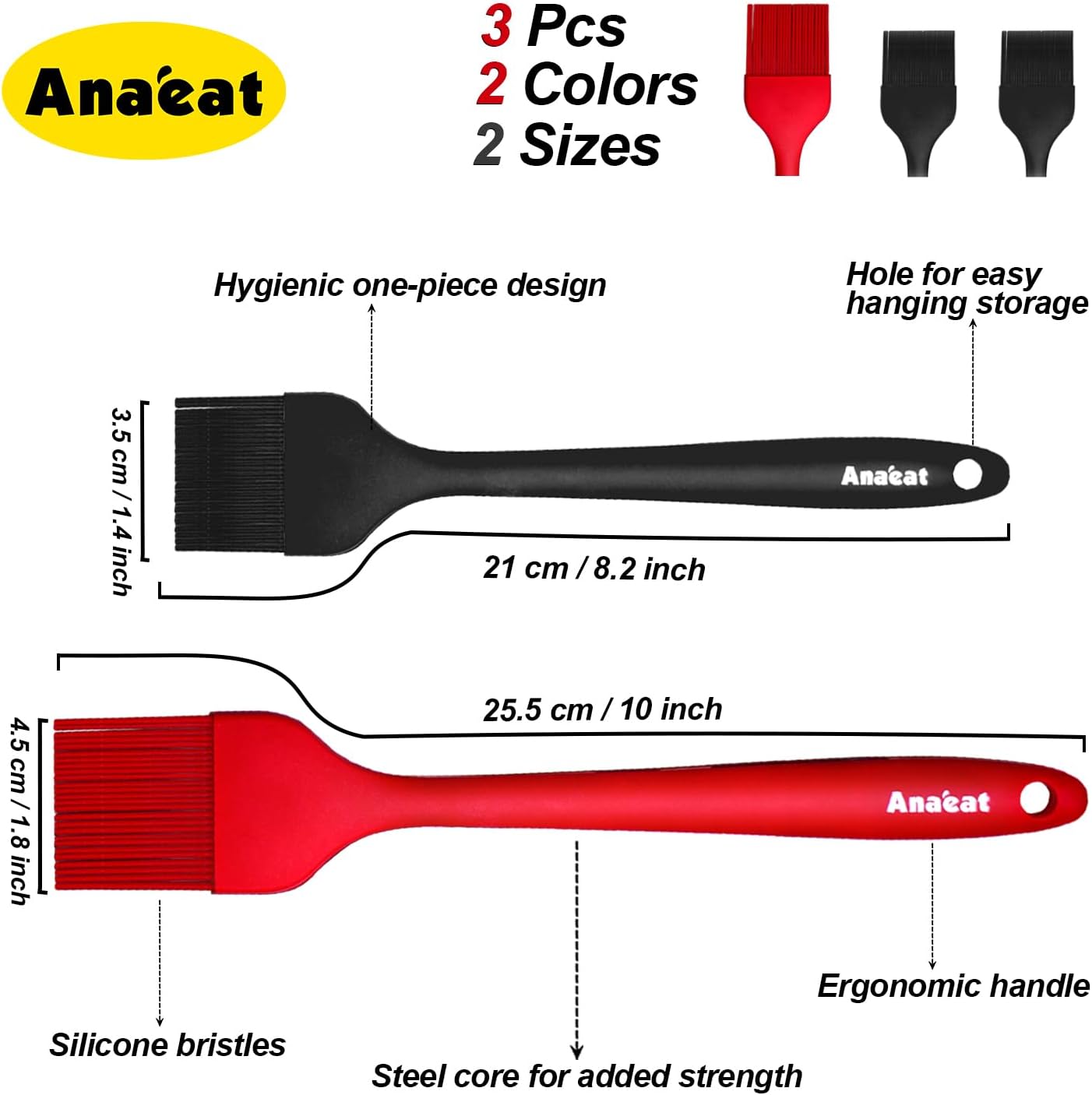 Anaeat 2 Pack Silicone Basting Pastry Brushes - Heat Resistant Brush with Soft Bristles, Hygienic One-Pieces Design, Marinade Brush Great in Baking for Spreading Oil Butter Sauce BBQ Grill (Black)