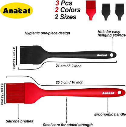 Anaeat 2 Pack Silicone Basting Pastry Brushes - Heat Resistant Brush with Soft Bristles, Hygienic One-Pieces Design, Marinade Brush Great in Baking for Spreading Oil Butter Sauce BBQ Grill (Black)