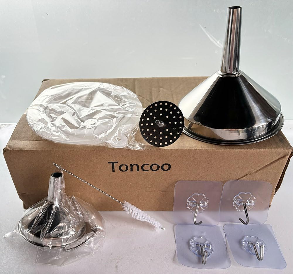 Toncoo 3 Pack Stainless Steel Funnels for Kitchen Use, Food Grade Cooking Funnel with 3 Strainer, Kitchen Funnel Set Metal Funnels for Filling Bottles