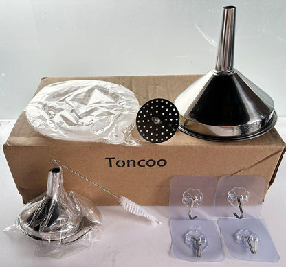 Toncoo 3 Pack Stainless Steel Funnels for Kitchen Use, Food Grade Cooking Funnel with 3 Strainer, Kitchen Funnel Set Metal Funnels for Filling Bottles