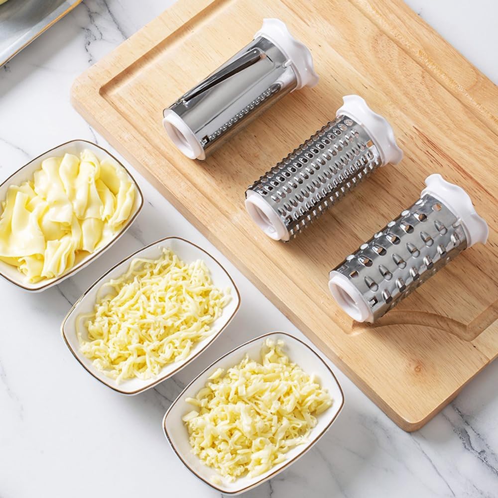 Classic Rotary Cheese Grater with Handle, 3-in-1 Handheld Cheese Grater with 3 Stainless Steel Graters Barrels, Multifunctional Grater for Cheese Garlic Parmesan Ginger Vegetable Carrot Potato, White