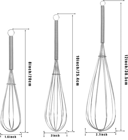 Digead Mini Wire Whisk, 3-Pack - 8, 10 & 12 Inch Small Whisk for Cooking - Ergonomic Spiral Handle, 304 Stainless Steel - Ideal for Whisking, Beating, Blending & Mixing Sauces - Silver