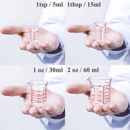 High Borosilicate Glass Measuring Cup-V-Shaped Spout，Glass Measuring Beaker for Kitchen or Restaurant, Easy to Read, 60 ML (2 Oz)-Pack of 2