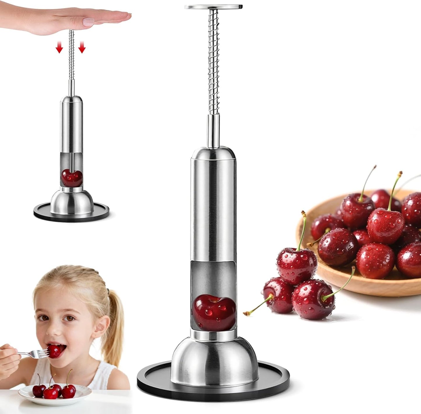 Cherry Pitter Tool, Single-Hole 304 Stainless Steel Cherry Pit Remover for Fresh&Maraschino Cherries, One-Hand Press Fruit Pit Corer Kitchen Tool, Dishwasher, Easy to Clean (Large)
