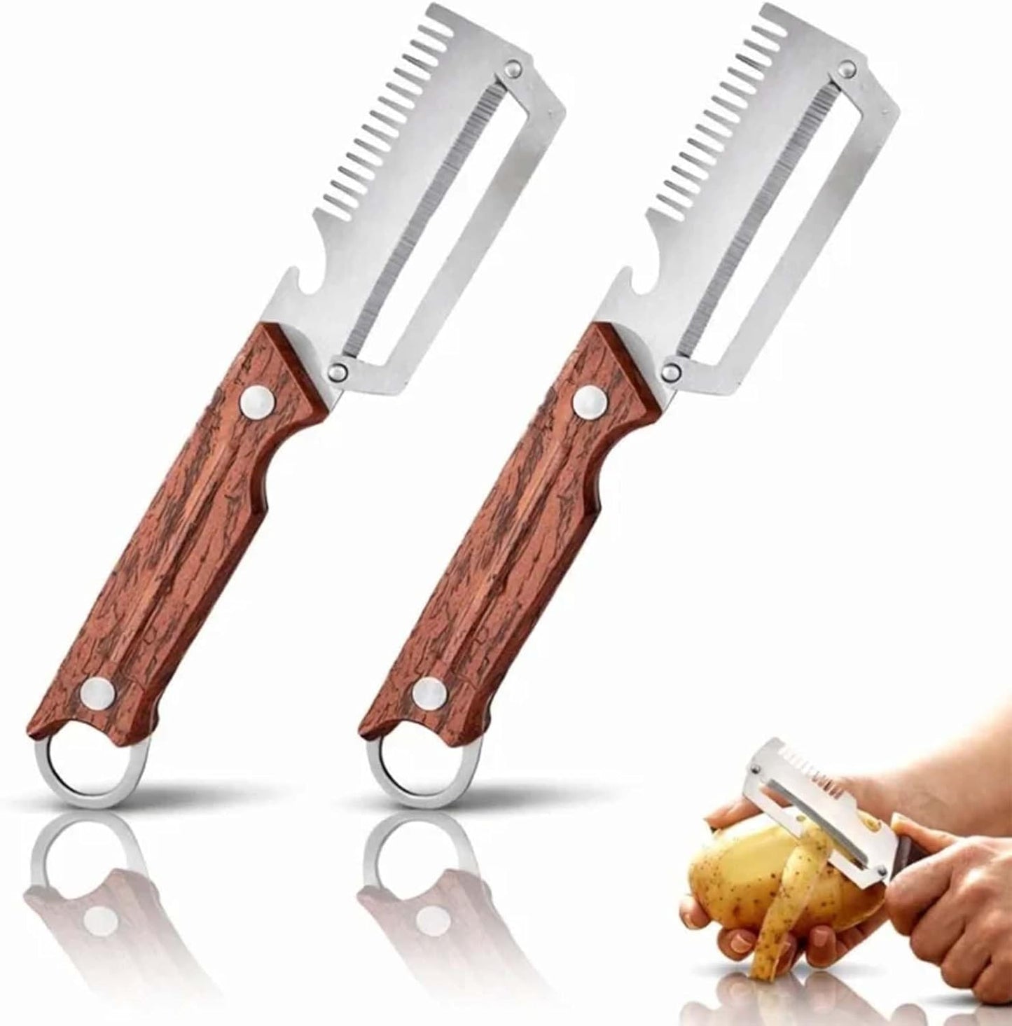 3-1 Multi-functional Vegetable Peeler, 2026 New Ktchen Multi-function Stainless Steel Thickened Fruit Peeler Knife with Wooden Handle,Suitable for Peeling Fruits and Shredding Scallions (2PCS)
