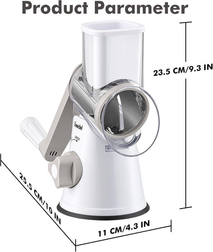Geedel Rotary Cheese Grater, Kitchen Mandoline Vegetable Slicer with 3 Interchangeable Blades, Easy to Clean Grater for Fruit, Vegetables, Nuts