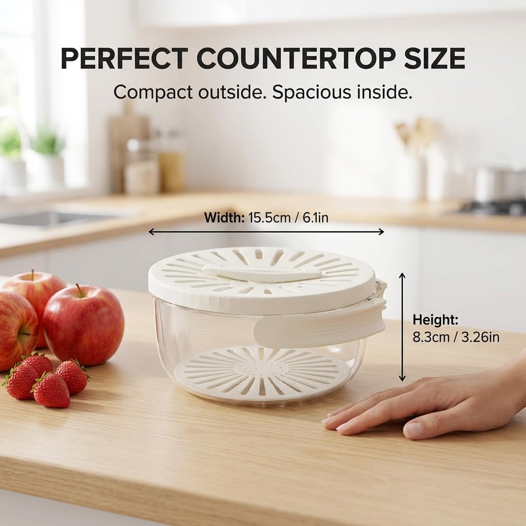 Mesh Fruit Basket Straine, Cleaner Bowl with Lid, 2-in-1 Draining and Preservation Spinner, Multifunctional Vegetable Washer Colander with Foldable Handle for Kitchen Counter