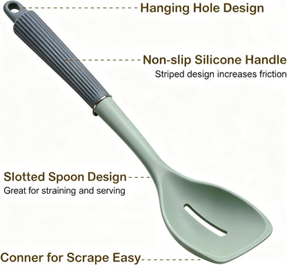 2 Pack Silicone Cooking Spoon Spatulas, Non Stick Large Rubber Spoon Set for Mixing, Serving, Draining, Scraping, 13Inch Heat Resistant Kitchen Utensils, Green+Grey