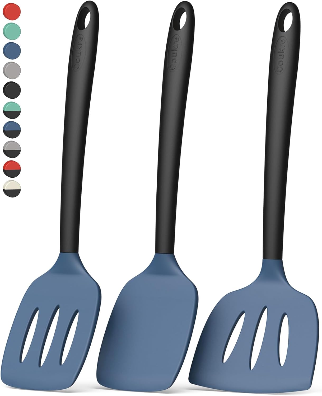 Coukre 3 Pack Silicone Spatula Set, High Heat Resistant, BPA-Free, Fish Spatula, Solid & Slotted Turner for Non-Stick Pans, Flipping Eggs, Pancakes, Fish, Burgers (3, PureBlack)