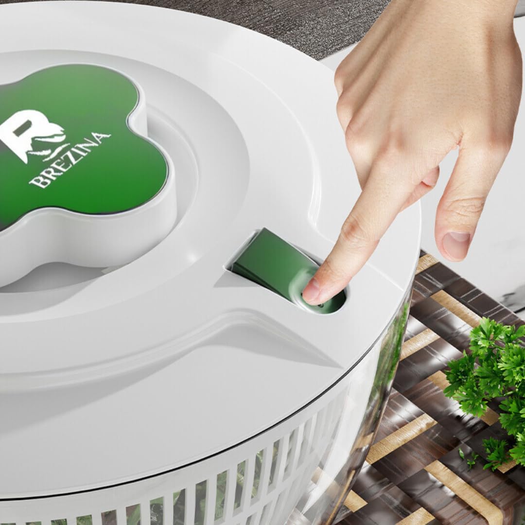 BREZINA Salad Spinner 6.3 QT with Easy Push Handle & Brake – Large Lettuce Dryer & Vegetable Washer, One-Handed Operation, BPA-Free Bowl & Colander for Salad, Fruits & Herbs – White