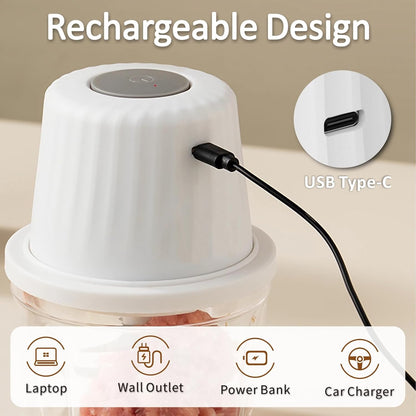 Mini Garlic Chopper, 250ml Small Food Processor Cordless 1 Cup, Battery USB-C Rechargeable Electric Food Chopper Wireless, Portable Garlic Grinder Masher,Veggie Meat Blender Mincer Kitchen Mixer,White
