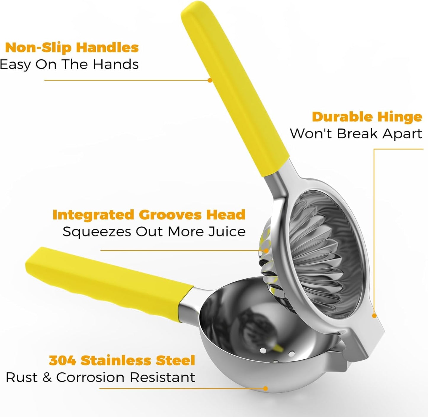 Stainless Steel Lemon Squeezer - Metal Citrus Juicer - Lime Lemon and Fruit Juicer with Silicone Handles - Large Manual Citrus Press Juicer - Hand Held Squeezer - Ergonomic Design with Solid