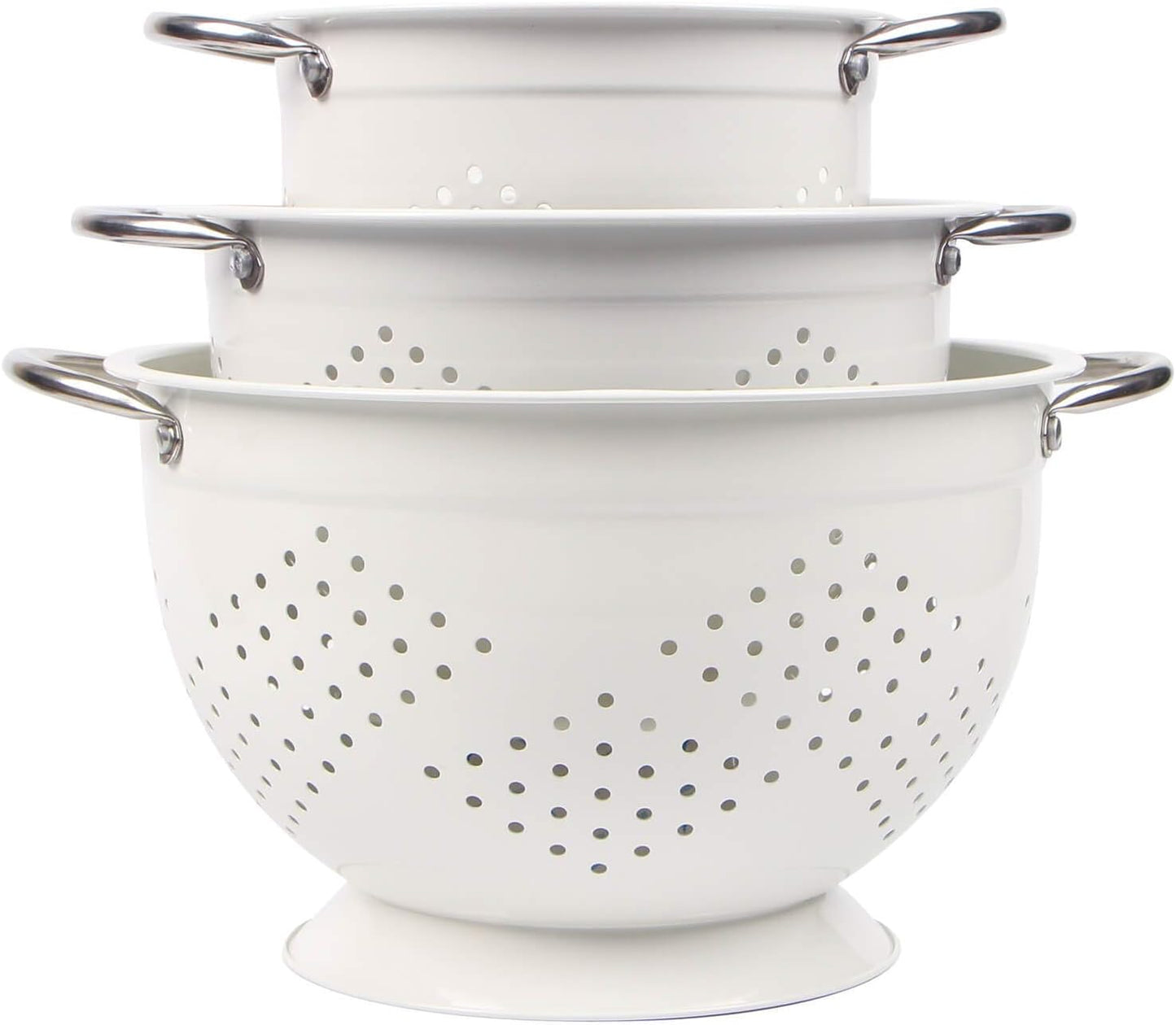 Rorence Powder Coated Steel Colanders: 3 Quart and 5 Quart Set of 2 - White