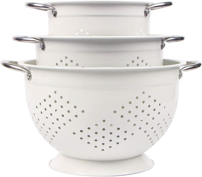 Rorence Powder Coated Steel Colanders: 3 Quart and 5 Quart Set of 2 - White