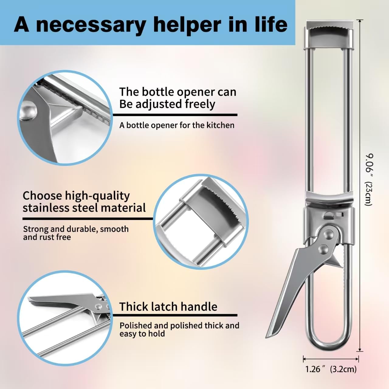 Bottle Opener & Jar Opener for Weak Hands, Adjustable Stainless Steel Can Opener, Multifunctional Jar Lid Opener Gripper for Seniors with Arthritis