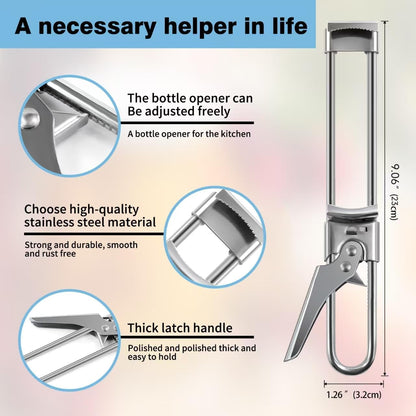 Bottle Opener & Jar Opener for Weak Hands, Adjustable Stainless Steel Can Opener, Multifunctional Jar Lid Opener Gripper for Seniors with Arthritis