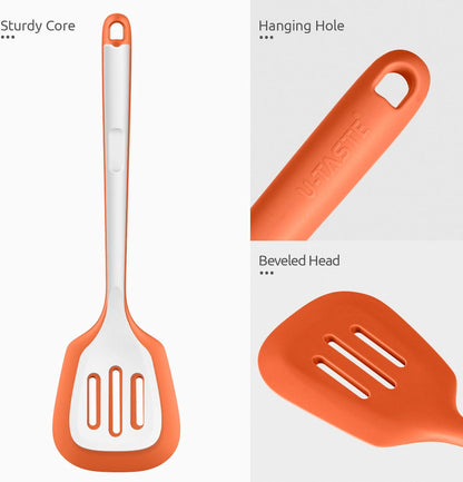 600ºF Heat Resistant Slotted Turner: U-Taste 13.6in Silicone Kitchen Spatula Flipper, 3.74in Wide Food Grade Flexible Thin Rubber Cooking Utensil for Egg, Pancake, Cookie in Nonstick Cookware (Red)