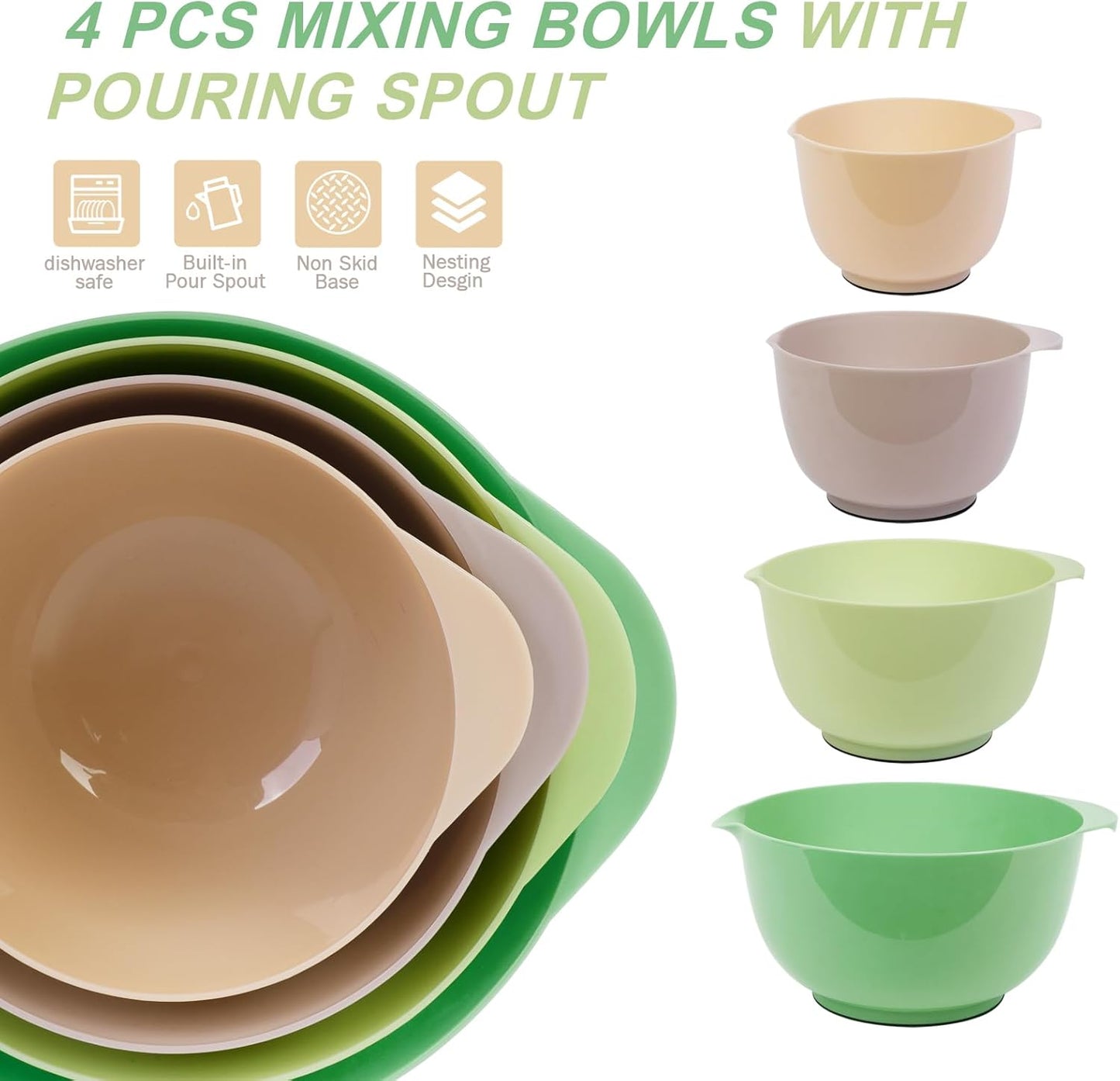 BoxedHome Green Ombre Nesting Plastic Mixing Bowl Set With Pour Spout, Microwave and Dishwasher Safe, BPA free Non-Slip Base, Set of 4 Size 1.7, 2.5, 3.5 and 4.5qt, Great for Prepping, Baking, Cooking