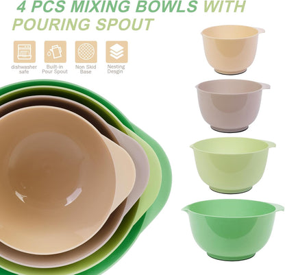 BoxedHome Green Ombre Nesting Plastic Mixing Bowl Set With Pour Spout, Microwave and Dishwasher Safe, BPA free Non-Slip Base, Set of 4 Size 1.7, 2.5, 3.5 and 4.5qt, Great for Prepping, Baking, Cooking