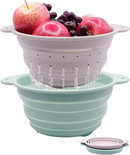Collapsible Silicone Colander Bowl Set,BPA Free, Heat Resistant, Stainless Steel Nesting, Portable Washing Basket Strainer Drain Basin for Pasta, Vegetable and fruit, Kitchen, Camping, Hiking