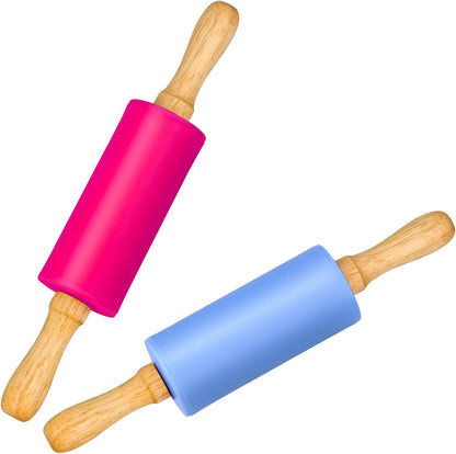Mini Silicone Rolling Pin for Kids, Non-stick Surface Wood Handle, 9 Inch 1 Pack Blue