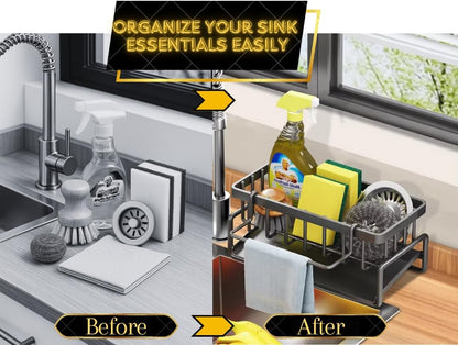 Black Kitchen Sink Caddy Organizer - Sponge Caddy with Self-Draining Tray, Stainless Steel Sink Caddy Kitchen Sink Organizer, Non-Slip Sink Drying Rack for Dishwashing Supplies