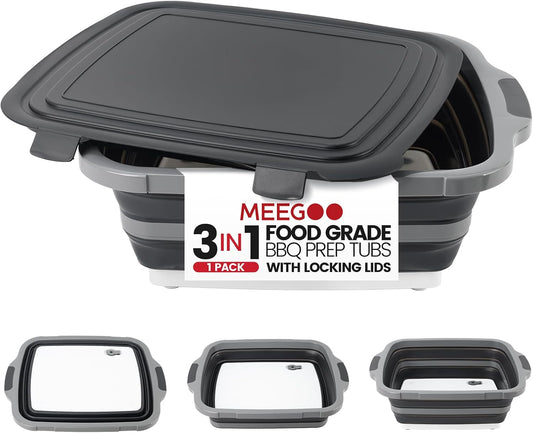 BBQ Prep Tub 3-IN-1 Large 16L Collapsible Cutting Board with Locking Lid for Meal Prep Marinating Food, Camping Sink with Colander, Dish Basin, Storage Blanket for Camping Picnic BBQ, Black