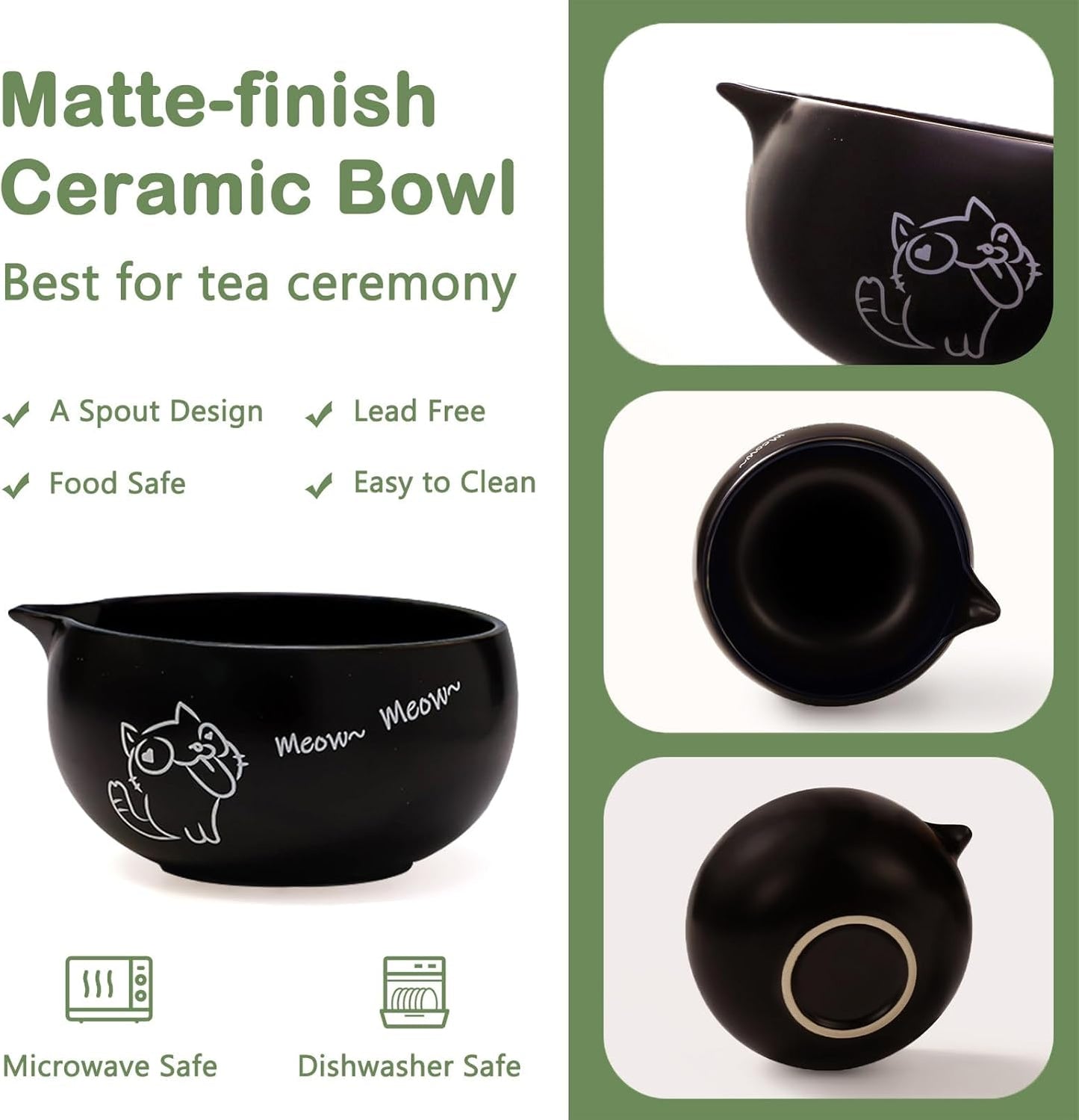 Matcha Whisk Set, 5 Pcs Traditional Japanese Matcha Whisk Preparation Kit, White Glossy Ceramic Bowl with Black Cat and Strawberry Pattern